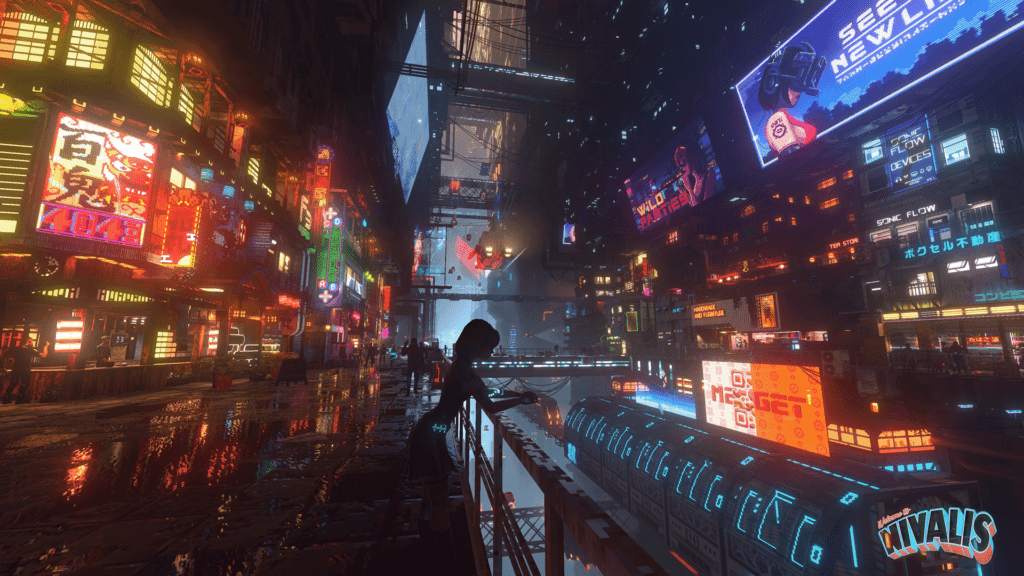 Nivalis Screenshot 1 - A woman is overlooking a barrier, out to a cyberpunk world